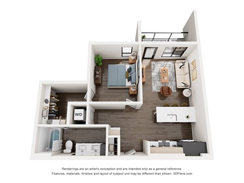 Floor plan for 1 bed, 1 bath, 730 sqft